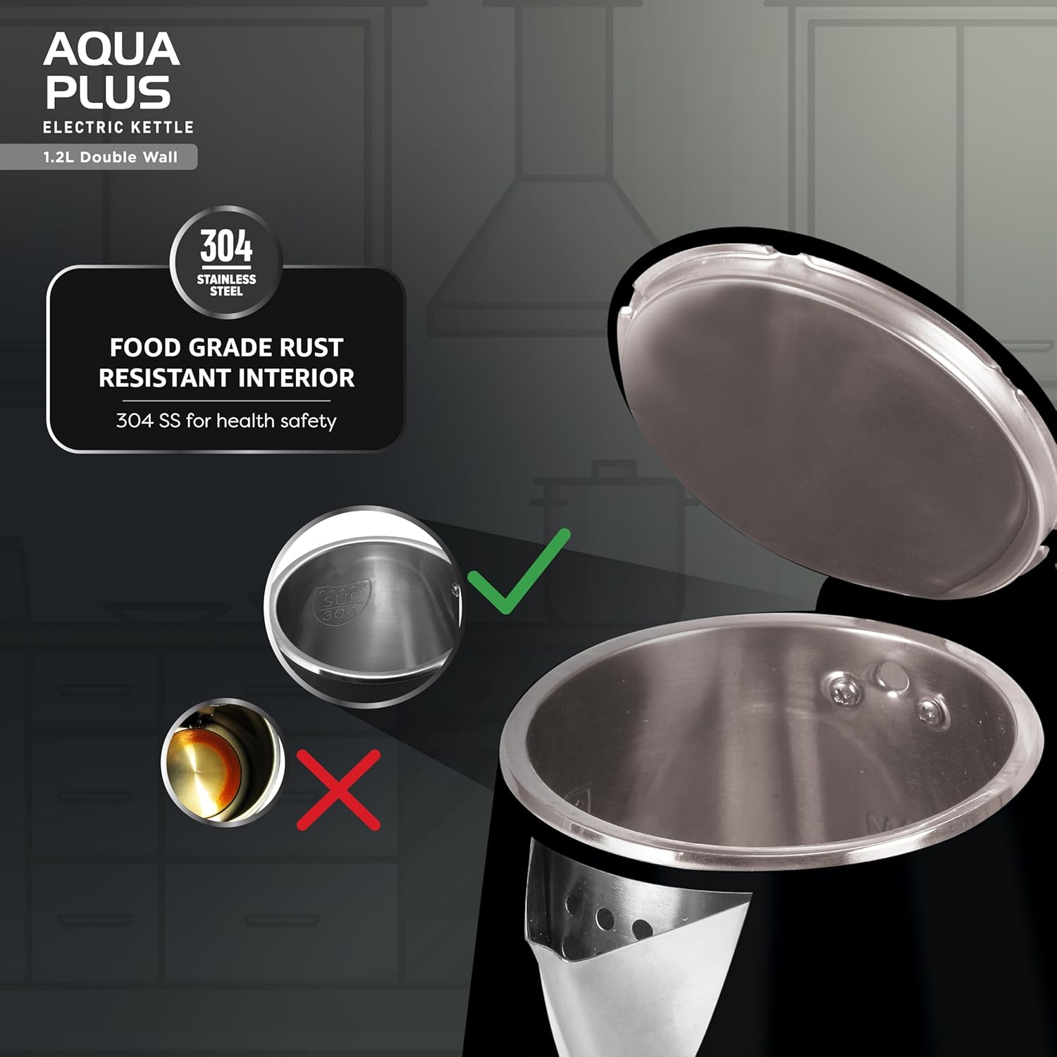 Havells Aqua Plus 1.2 litre Double Wall Kettle / 304 Stainless Steel Inner Body/Cool touch outer body/Wider mouth